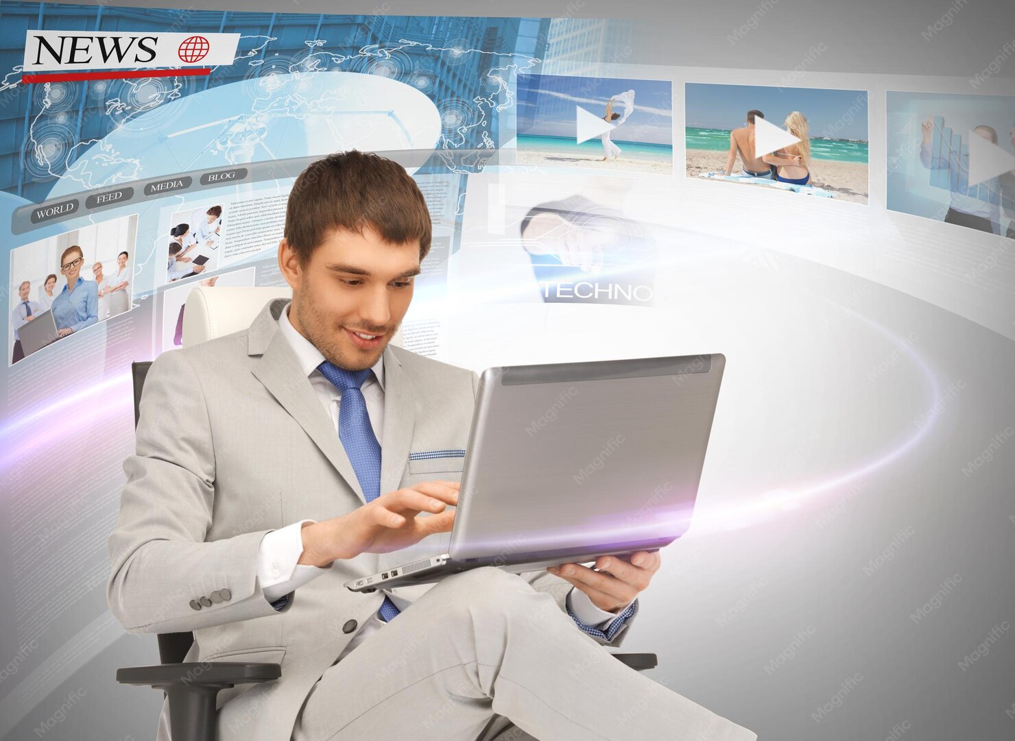About Us 2 business technology internet news concept businessman with laptop pc virtual screens reading news 380164 39885 1