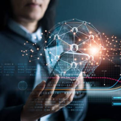 Business woman using mobile smartphone on global network connection and data customer connection on blue background, Digital marketing, Data exchanges,  Innovative and technology.